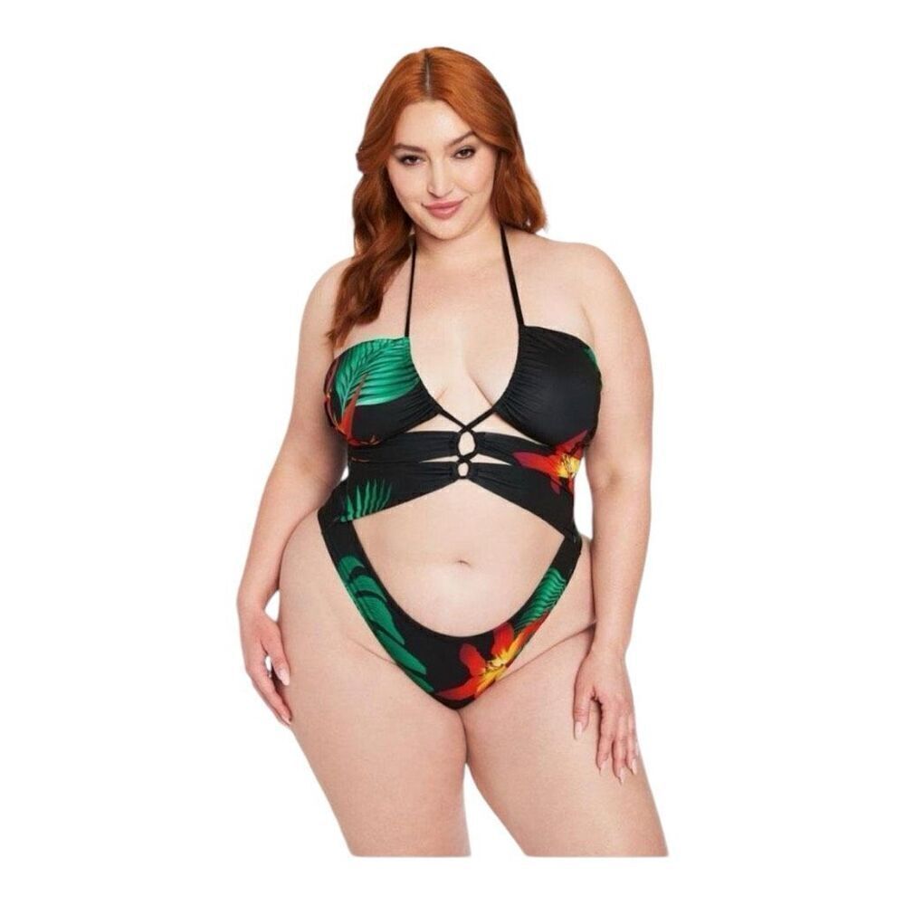 Frederick’s of Hollywood Cabarita One Piece Black Tropical Swimsuit M New - Picture 2 of 5
